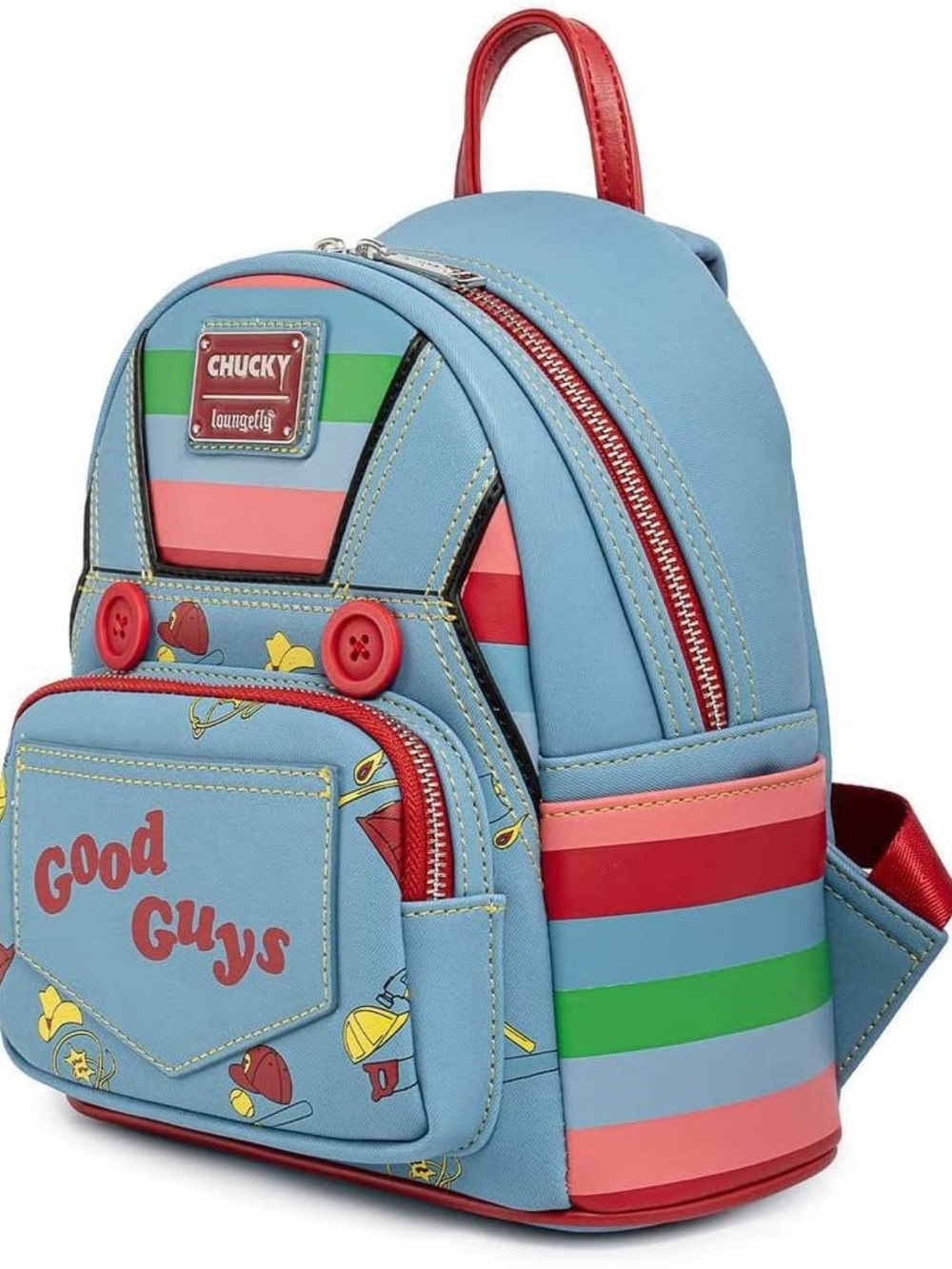 Loungefly Chucky Light Blue Mini Backpack with Red & Green Stripes